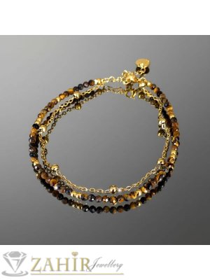 Изумителна гривна за ръка или глезен от естествено кафяво тигрово око 3 мм и стоманена верижка с топчета, стоманени накрайници - GA3210